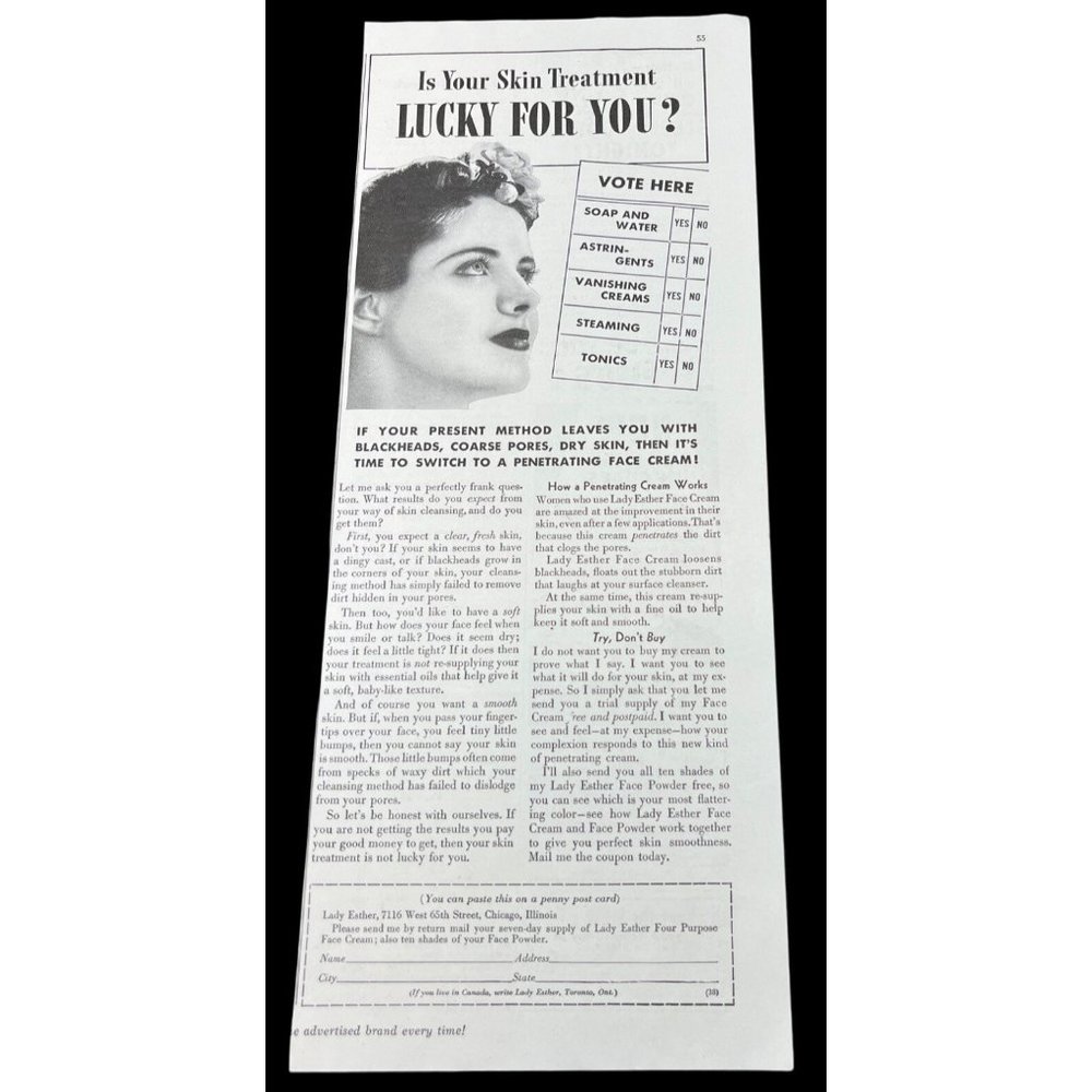 Lady Esther Face Cream 1938 Vintage Print Ad Skin Care Chicago Illinois